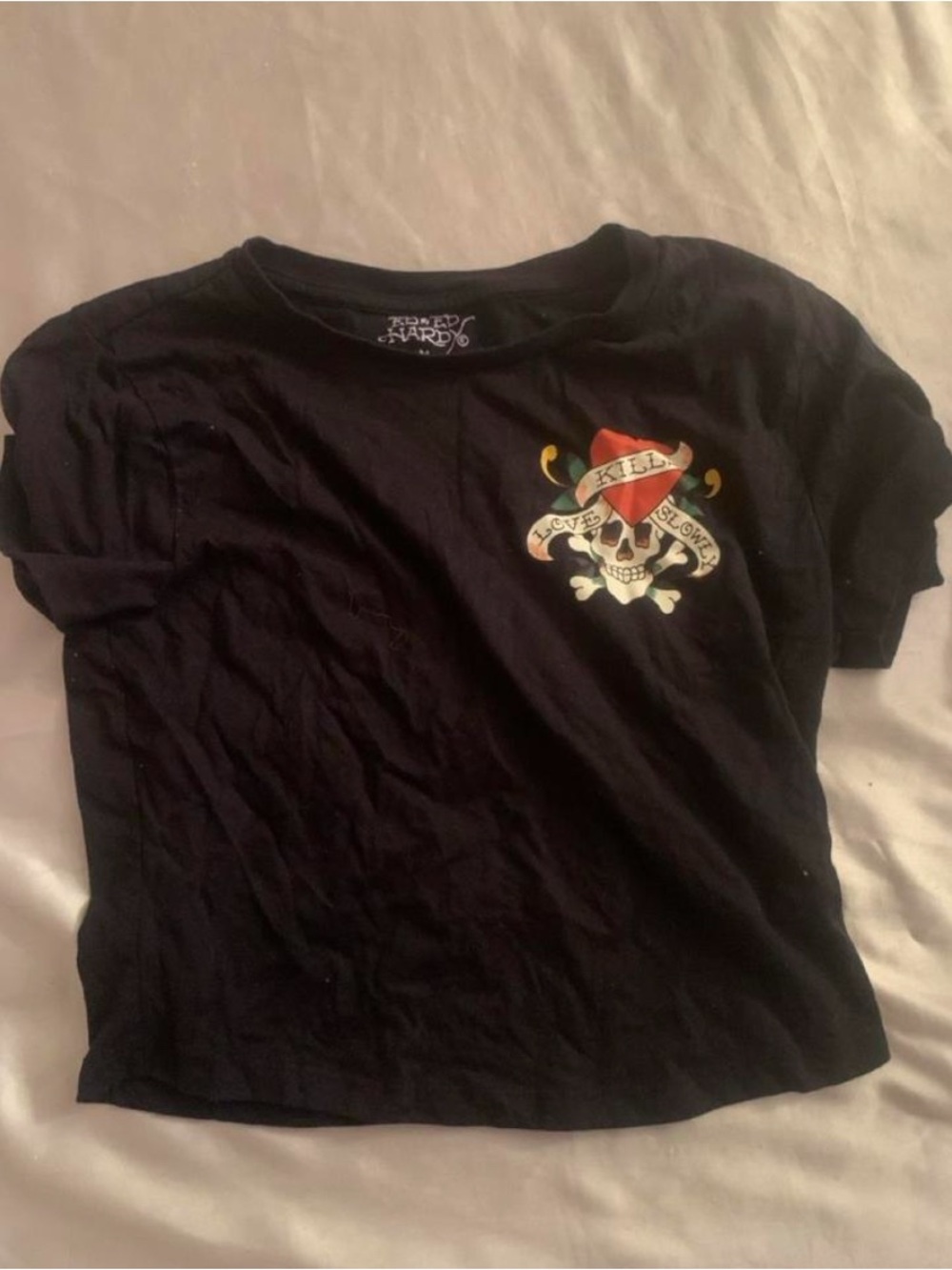 Ed Hardy Black Tee with Red Heart & White Skull Graphic